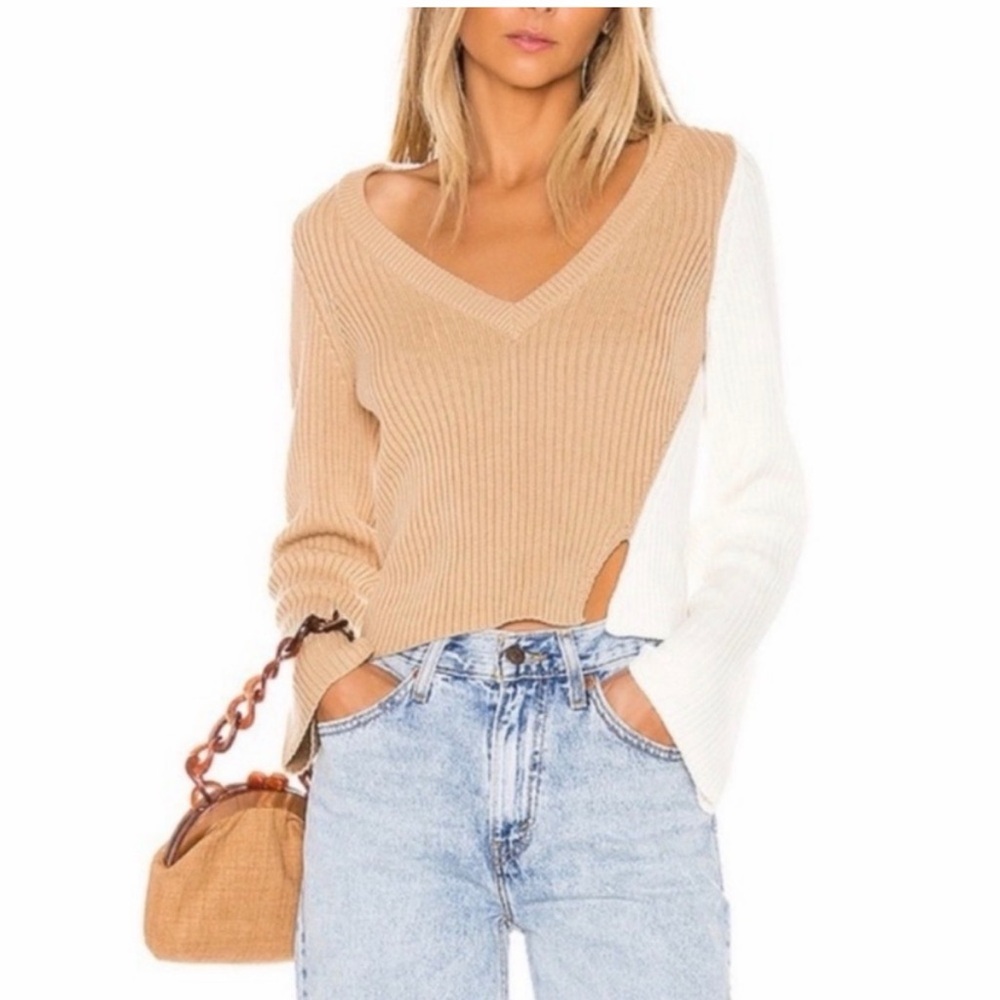 NEW! Lover+Friends Jeanne Ribbed Knit Color Block V-Neck Long Sleeve Sweater XS